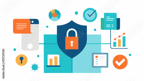 Data Security A digital lock protecting a large dataset represented by a safe filled with icons of charts and graphs emphasizing the importance of security in data analysis
