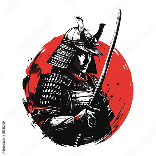 Detailed hand drawn illustration of a Japanese man samurai