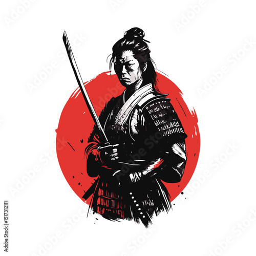 Detailed hand drawn illustration of a Japanese man samurai