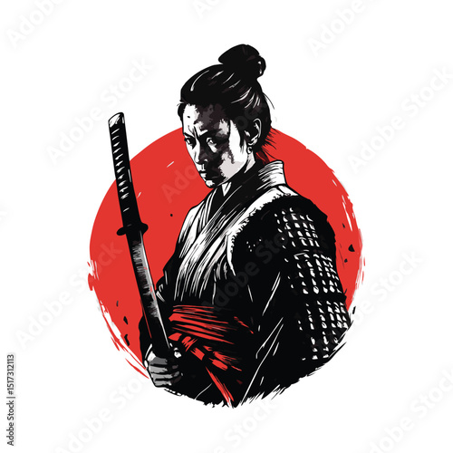Detailed hand drawn illustration of a Japanese man samurai