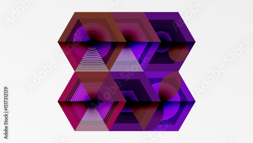 Abstract geometric composition. Hexagons overlap, creating illusion depth. Purple, magenta hues dominate design. Modern, vibrant.