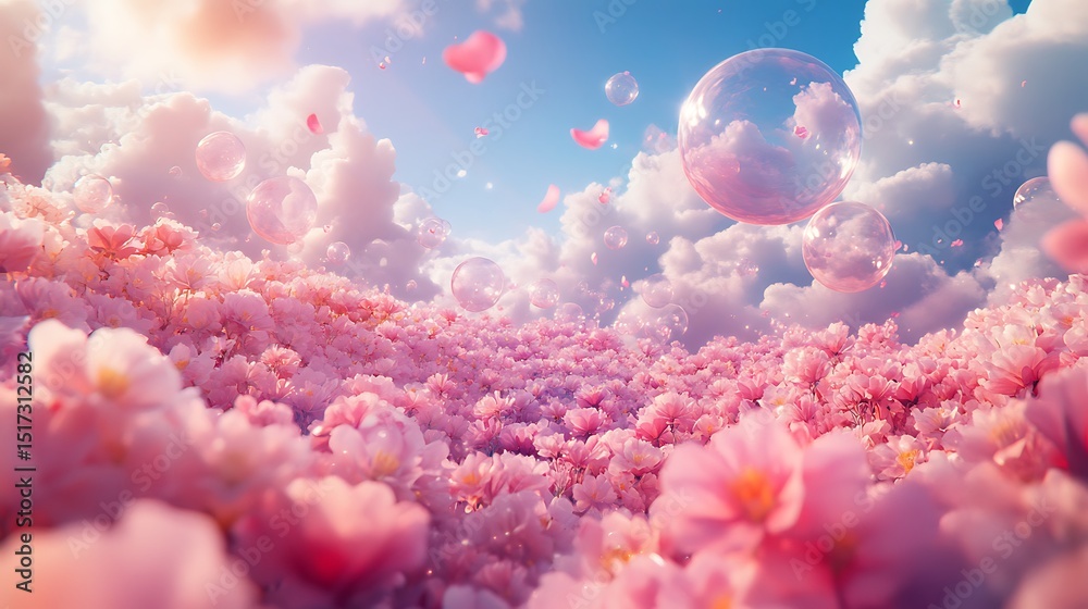 custom made wallpaper toronto digitalA surreal dream world where clouds float above a vast ocean of blossoms, colorful petals drift upward like bubbles, low angle view through floating flowers.