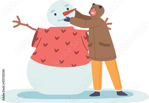 Happy girl child making snowman
