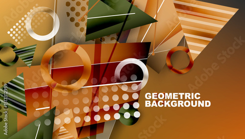 Abstract geometric composition. Overlapping shapes, circles, triangles create dynamic visual texture. Warm color palette dominates design.