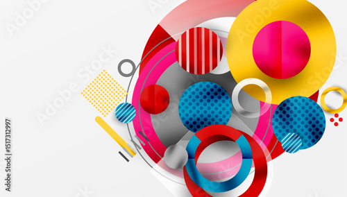Abstract composition. Overlapping circles, stripes, rectangles create dynamic visual effect. Bright colors dominate white background.