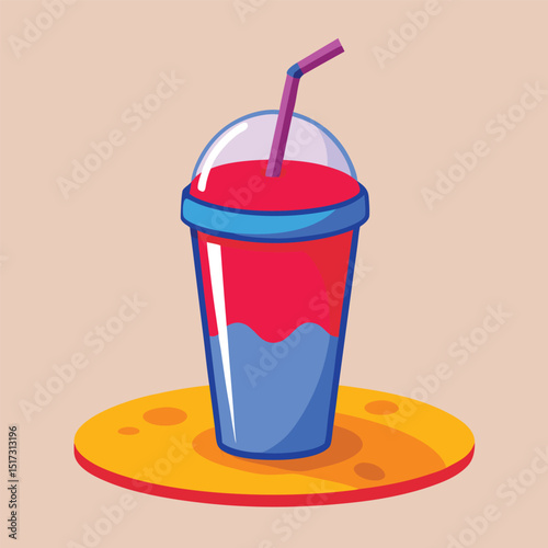 Cartoon illustration of a colorful drink with straw on mat