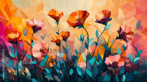 Angular floral landscape, cubist interpretation of wildflowers in sharp facets of orange, teal, and pink, overlapping forms with no clear perspective, viewed from diagonal side.