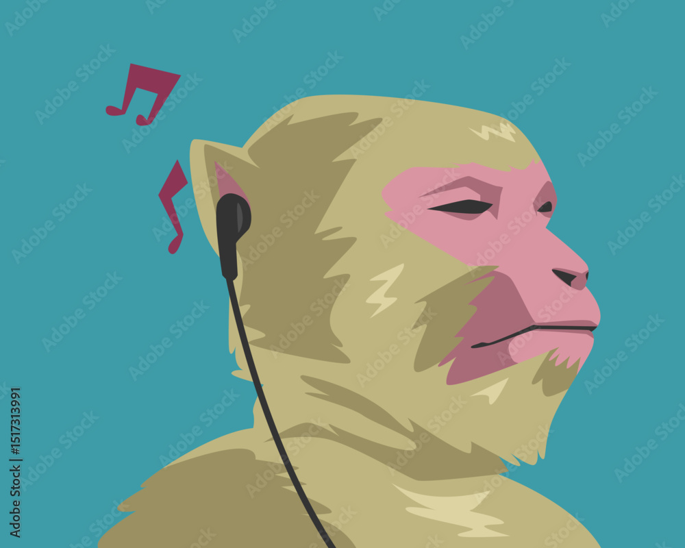 Relaxed monkey enjoying music with earphones. Cartoon flat vector illustration.