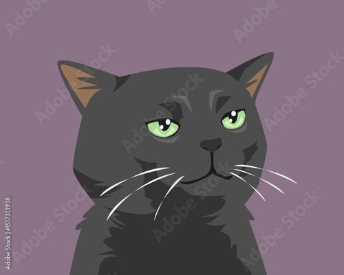 Funny zoning out black cat face with a dazed expression. Cartoon flat vector illustration.