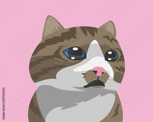 Cute cat face crying, tears of joy, happiness. Cartoon flat vector illustration.