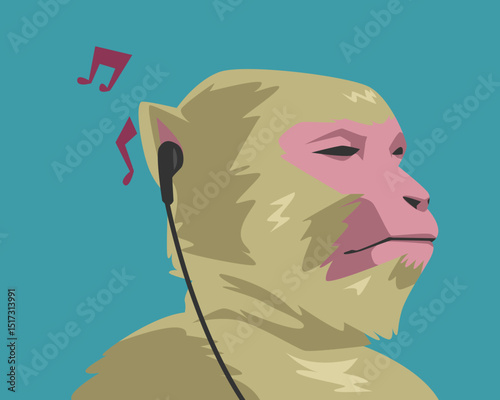 Relaxed monkey enjoying music with earphones. Cartoon flat vector illustration.