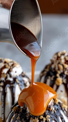 Close-up of caramel sauce being poured over ice cream sundae with chocolate syrup and cookie crumbles, a sweet dessert treat.