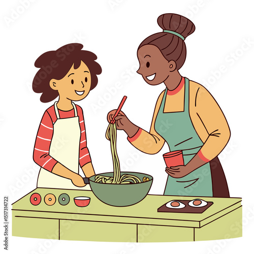 Delightful family cooking scene featuring a mother and daughter preparing noodles together in a kitchen setting a heartwarming depiction of culinary togetherness
