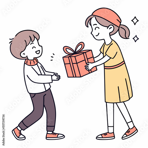 Delightful children exchanging a gift a charming scalable graphic perfect for greeting cards children's book illustrations or branding projects offering a cheerful and heartwarming design aesthetic
