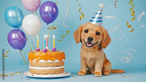Cute puppy celebrating birthday with cake balloons and party hat