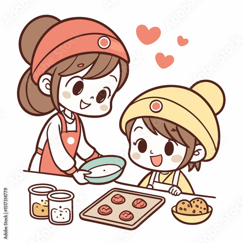 Adorable cartoon characters baking cookies together a delightful scene perfect for children's books websites or cute branding projects featuring happy children cooking delicious treats