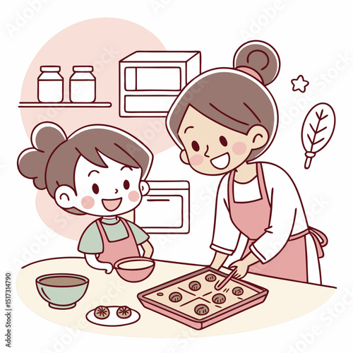Delightful Family Baking Scene A charming kitchen scene depicts a mother and daughter joyfully baking cookies together creating a heartwarming moment perfect for family blogs websites and cookbooks