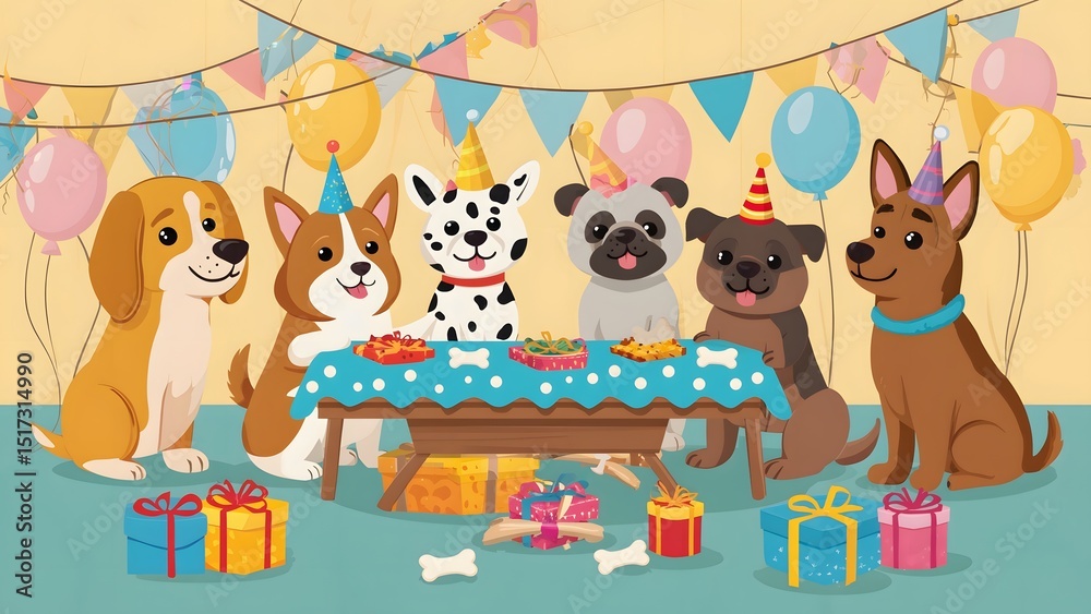 Fototapeta premium Dog Party Celebration Scene with Balloons and Presents