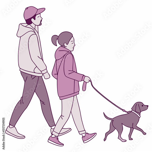 A charming couple strolls with their dog a delightful scene perfect for pet lovers showcasing a cute canine and happy people enjoying a walk together ideal for branding and logo design