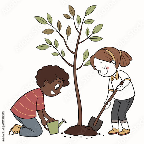 Illustration of two children planting a tree—one watering while the other digs. A heartwarming vector symbolizing environmental conservation, teamwork, and nature care.
