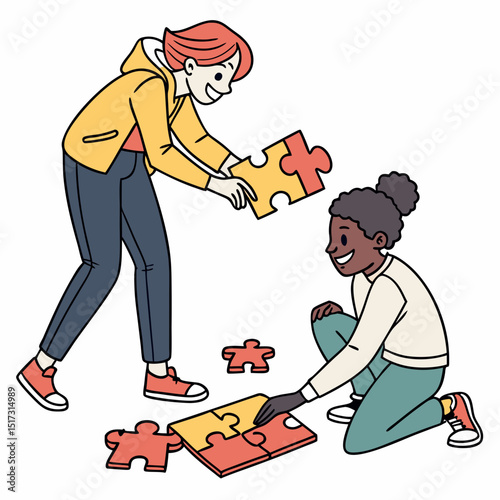Teamwork and collaboration graphic featuring diverse people assembling a puzzle representing synergy problem-solving and shared success in a playful design style
