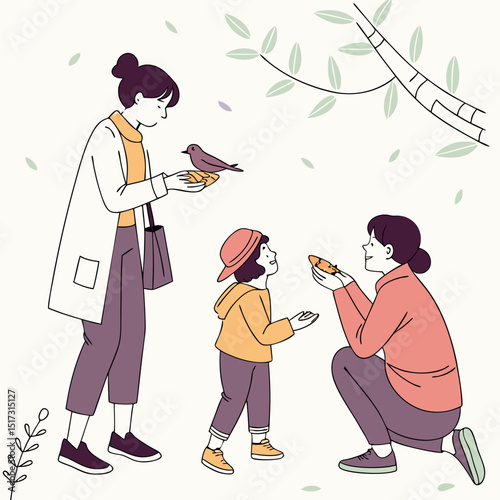 Delightful Family Scene of Mothers and Child Sharing Food with a Bird under a Tree showcasing heartwarming moments of nature and family bonding