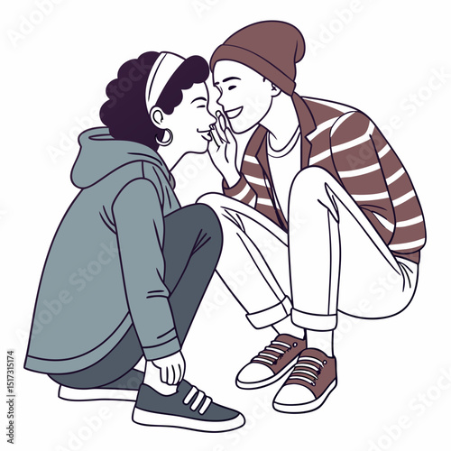 A charming couple shares a secret whisper a stylish line art design perfect for apparel prints social media graphics branding projects and more offering a youthful vibe