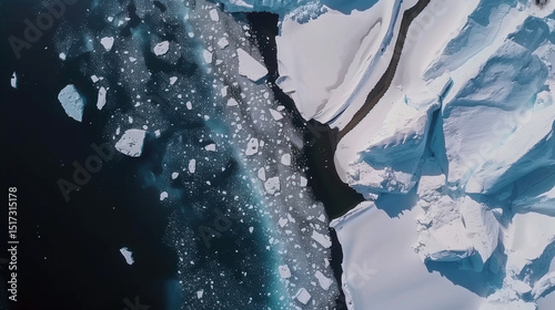Aerial view of Antarctica's icy coastline with dramatic glaciers meeting the deep blue ocean, vast copy space for text overlay. Polar landscape, climate change, global warming and environmental conser
