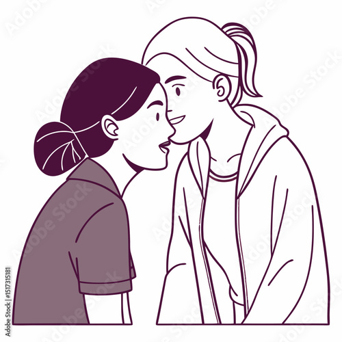 Two women sharing a secret whisper friendship bond line art design perfect for social media posts blog illustrations or apparel prints showcasing female connection and intimacy