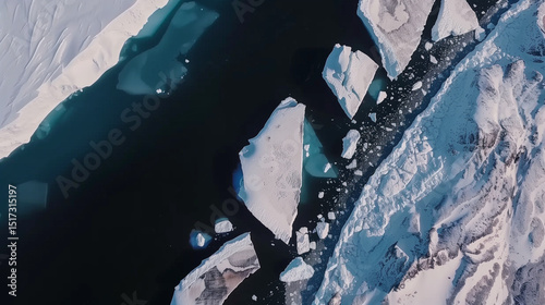 Aerial view of Antarctica's icy coastline with dramatic glaciers meeting the deep blue ocean, vast copy space for text overlay. Polar landscape, climate change, global warming and environmental conser