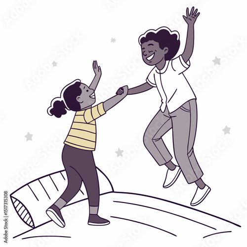 Joyful siblings playfully leap and dance amidst a starry night sky a whimsical design perfect for children's books greeting cards apparel and playful branding projects