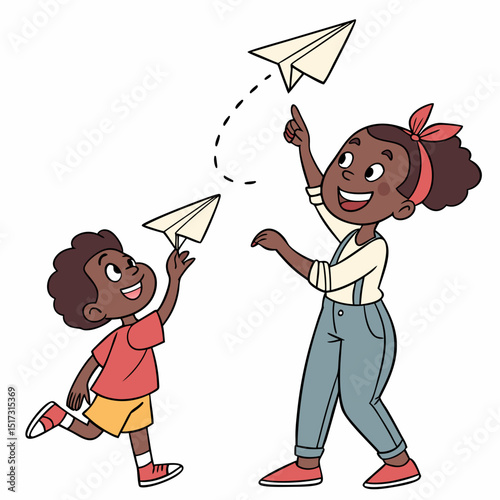 Delightful sibling playing with paper airplanes a cheerful cartoon design perfect for children's book illustrations branding projects or creating fun website graphics