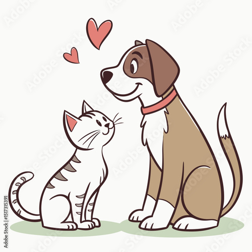 Adorable Cat and Dog Friends Sharing a Sweet Moment A charming cartoon graphic featuring a playful kitten and a friendly dog perfect for pet-themed designs branding and children's illustrations