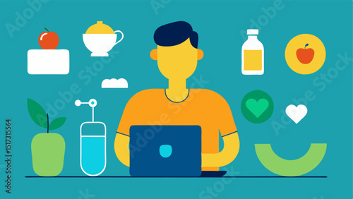 Health Awareness A person reviewing their pressure readings on a laptop surrounded by healthy lifestyle elements like fruits and water bottles.