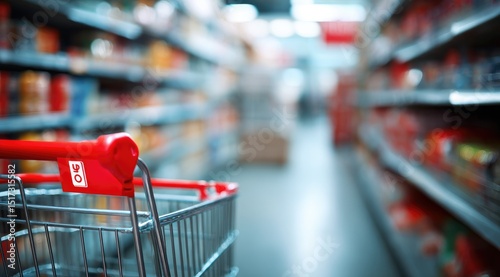 A red-handled shopping cart sits in a brightly lit grocery aisle, flanked by shelves stocked with various packaged goods.  The background is softly blurred, emphasizing the cart