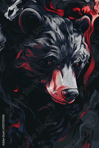Abstract bear head illustration with red white color combination on dark background