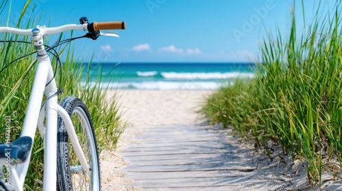 White Bicycle on Beach Path, Summer Vacation photo
