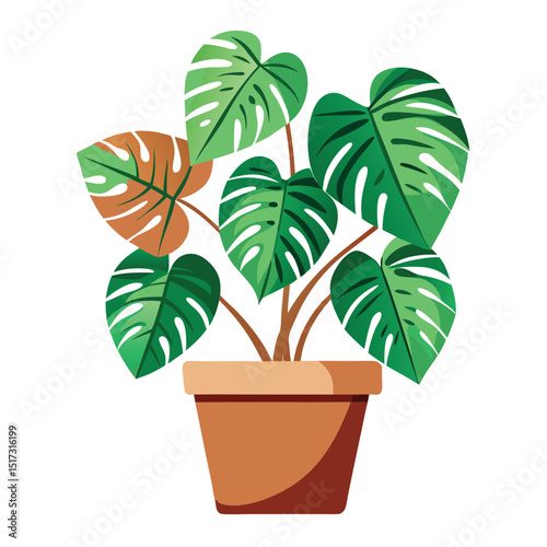 Illustration of a monstera plant in a brown ceramic pot