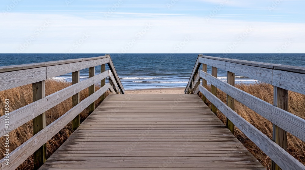 Fototapeta premium Wooden Beach Walkway to Ocean; Calm Sea