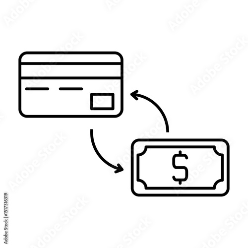 Card to Cash Icon - Payment Transaction and Money Exchange Line Art