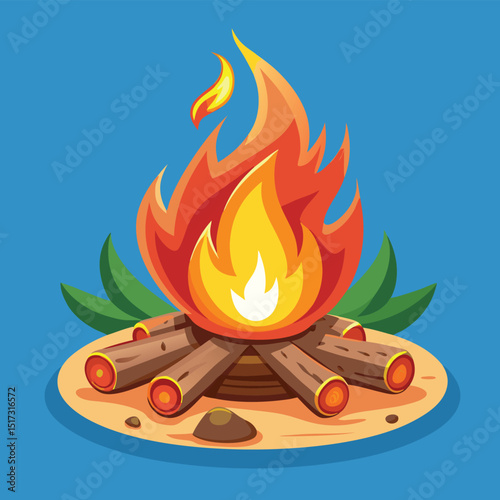 Illustration of a campfire with logs and bright flames