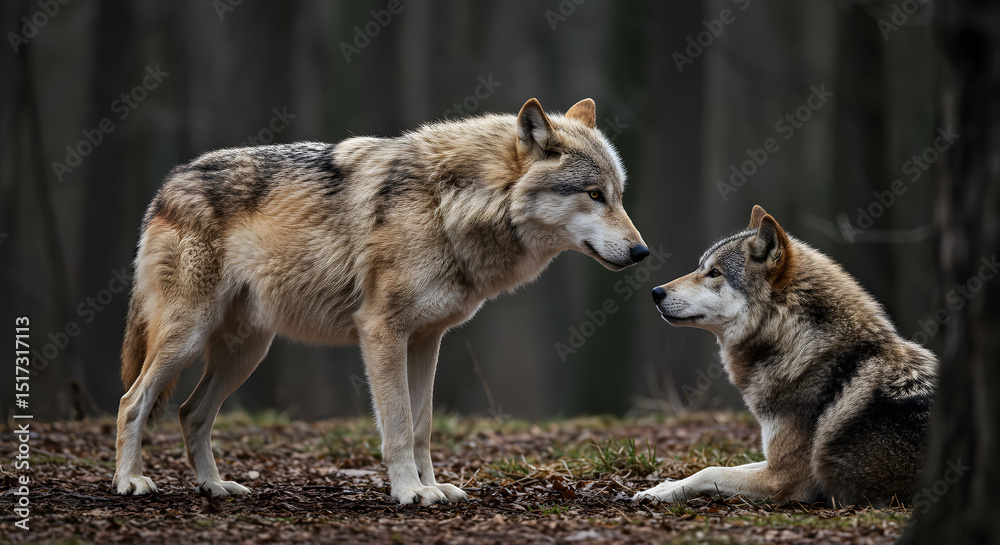 Fototapeta premium Wolf and dog interaction in forest