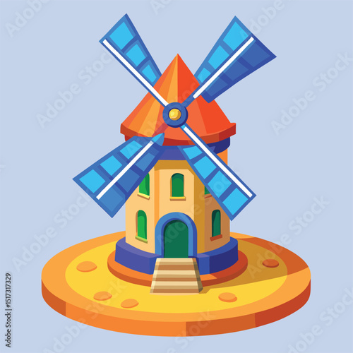 A cartoon windmill with blue blades on a yellow platform