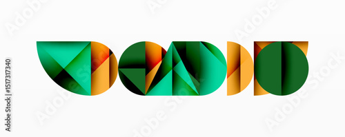 Abstract geometric shapes form word covid. Green, orange hues dominate design. Minimalist style, clean background present.