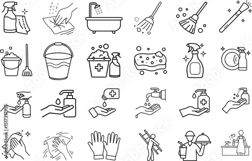 Line art icons depicting cleaning and hygiene activities