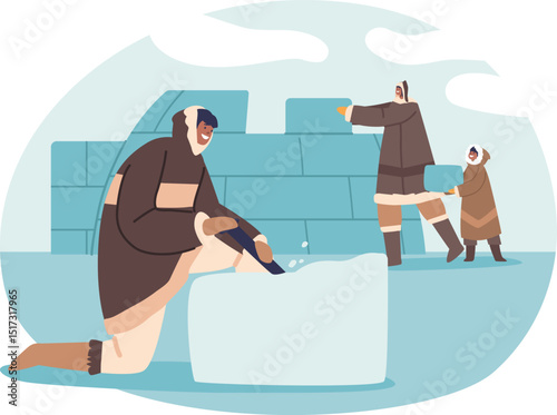 Eskimo family building igloo home