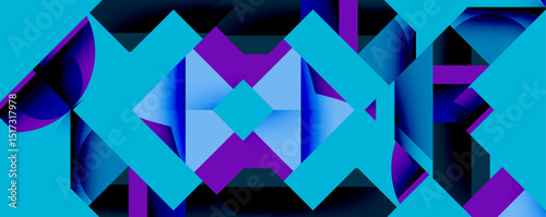 Abstract geometric pattern. Vibrant turquoise, purple hues create dynamic composition. Shapes overlap, suggesting depth, movement. Modern design.