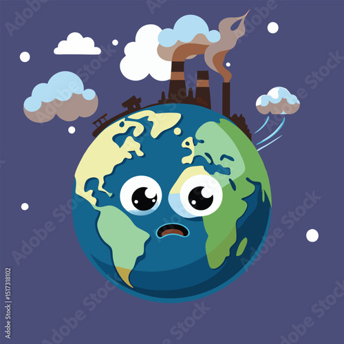 Sad earth with factories emitting smoke cartoon illustration