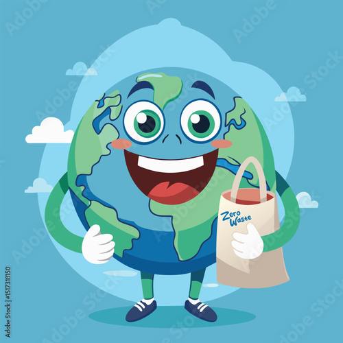 Cartoon earth character holding a zero waste tote bag