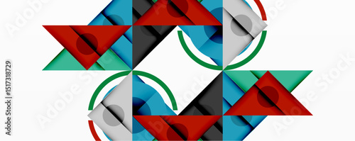 Geometric shapes create symmetrical pattern. Red, green, blue, gray elements form abstract design. Clean lines, modern aesthetic.
